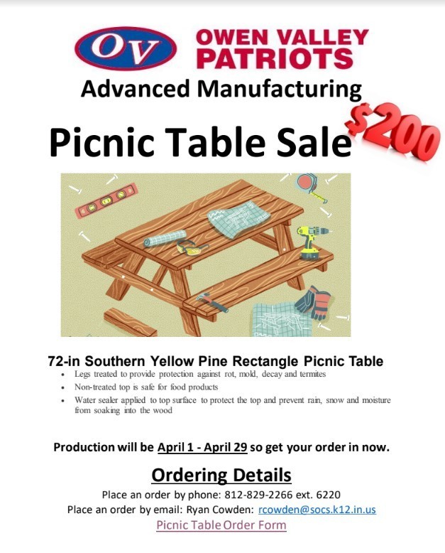 Adv. Mfg. Class Taking Orders for Picnic Tables