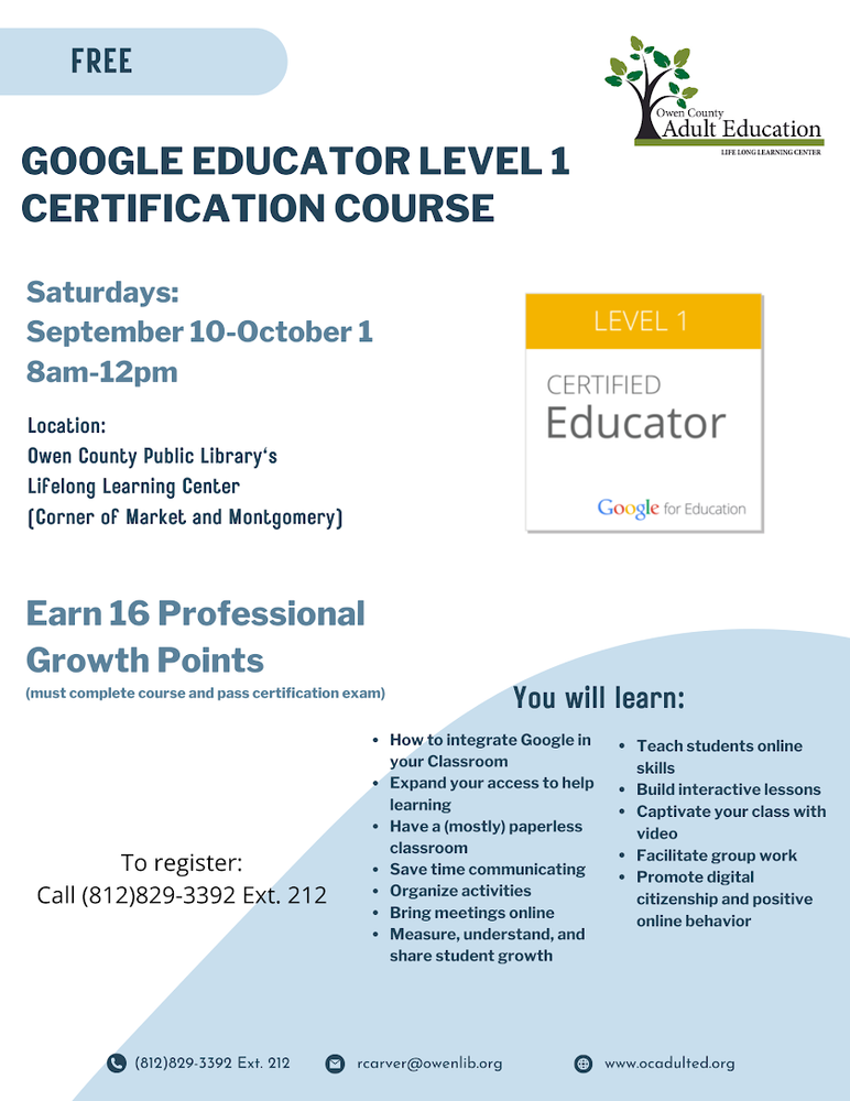 Level 1 Google Certification Class Offered to Staff and Parents