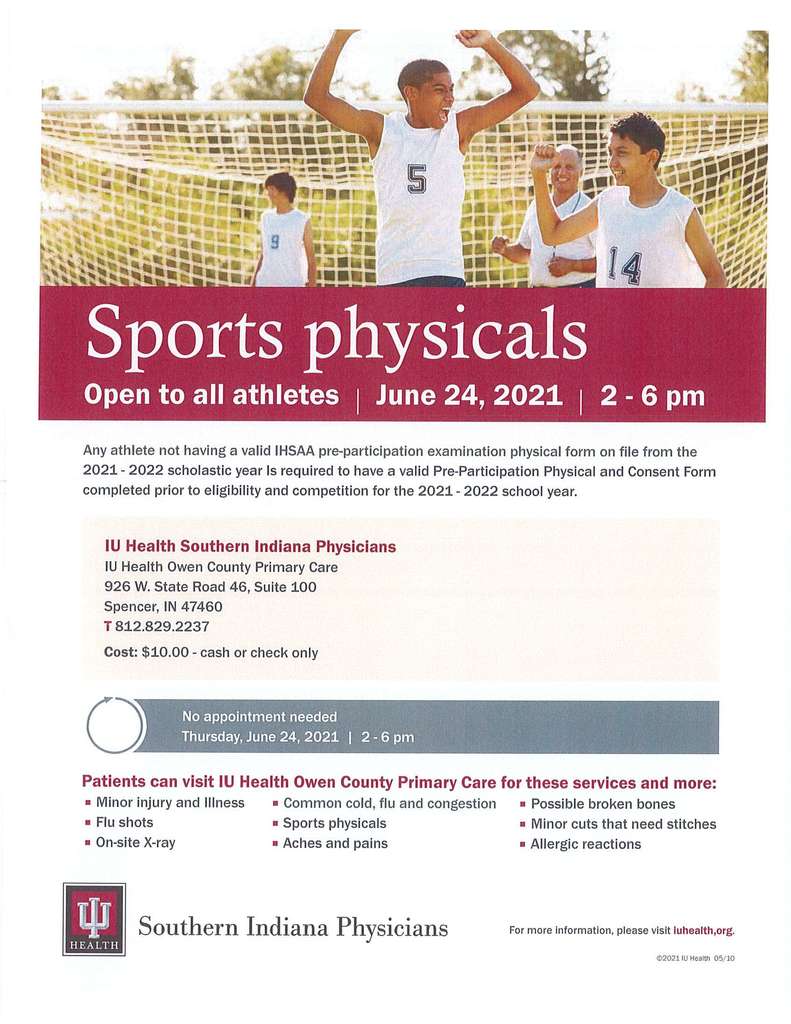Sports Physicals available for all athletes on June 24, 2021.