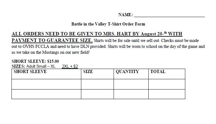 Order Form for Battle in the Valley T-Shirts